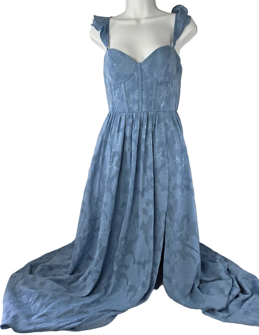 Azazie Blue Floral Jacquard Corset Maxi Dress – Size A12 / L