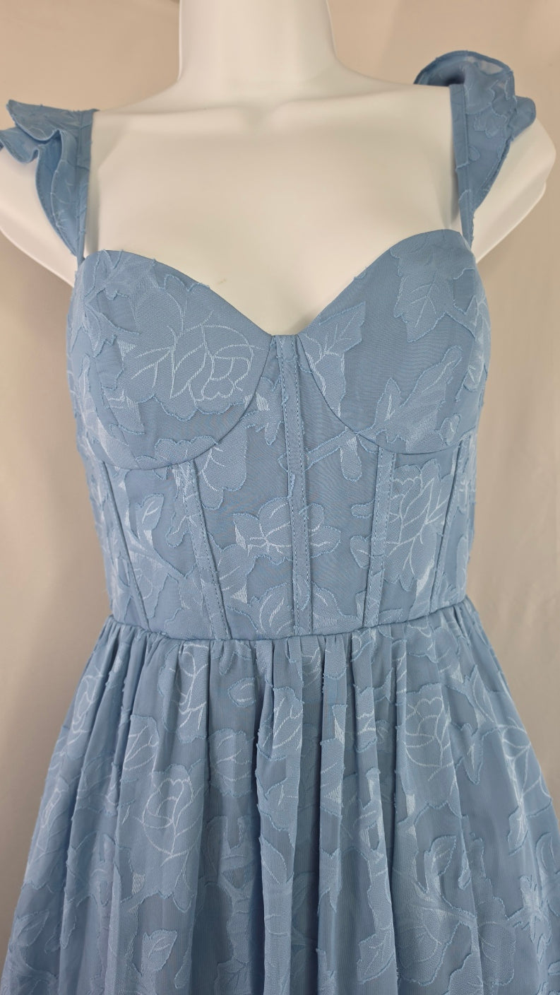 Azazie Blue Floral Jacquard Corset Maxi Dress – Size A12 / L