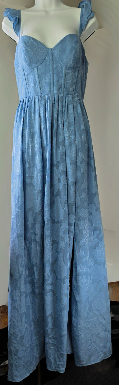 Azazie Blue Floral Jacquard Corset Maxi Dress – Size A12 / L