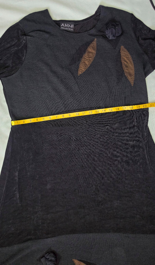 AHNI Handmade USA Black Lagenlook Maxi Dress Size 3 Floral Art to Wear