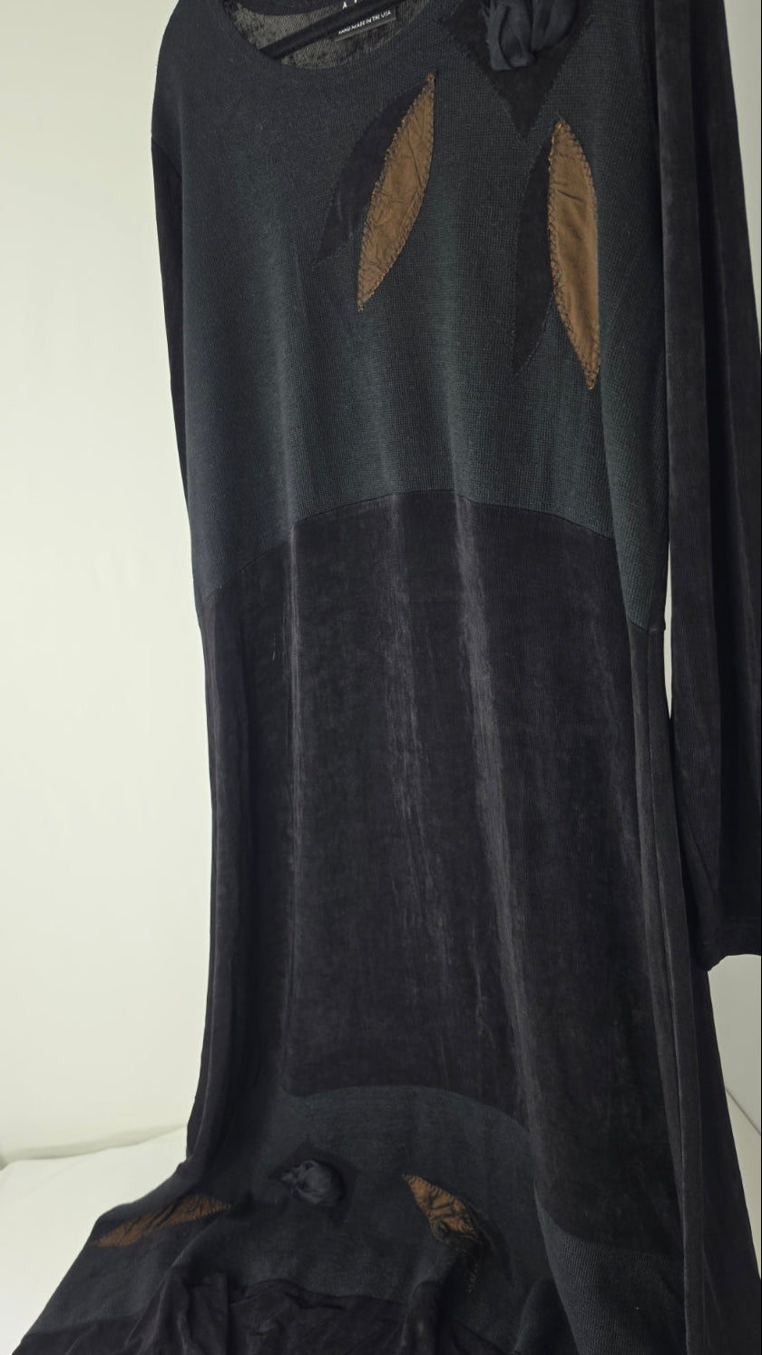 AHNI Handmade USA Black Lagenlook Maxi Dress Size 3 Floral Art to Wear