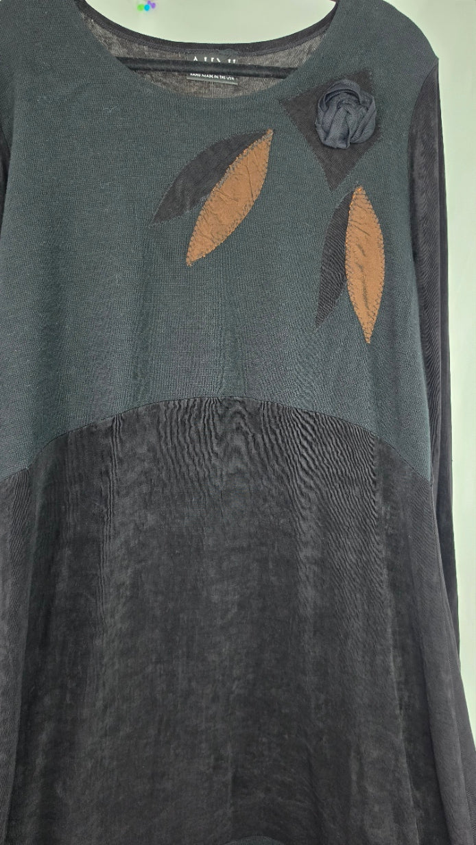 AHNI Handmade USA Black Lagenlook Maxi Dress Size 3 Floral Art to Wear