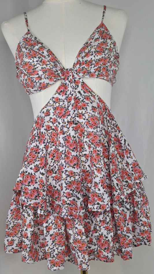 SANS + SECRETS Floral Cutout Mini Dress M Pink Tie Front Ruffle Coquette