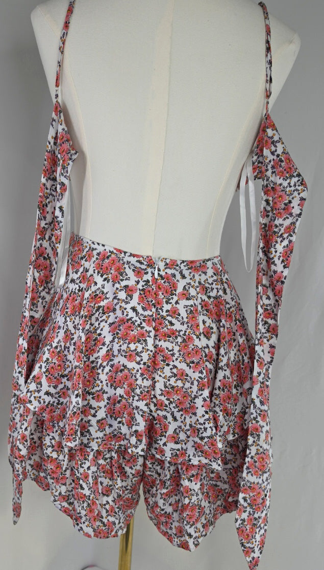 SANS + SECRETS Floral Cutout Mini Dress M Pink Tie Front Ruffle Coquette