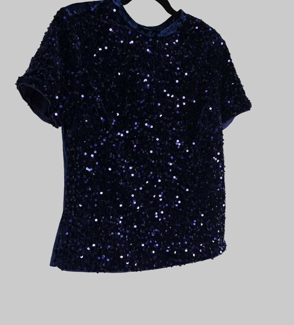 Allegra K Navy Blue Velvet Sequin Top