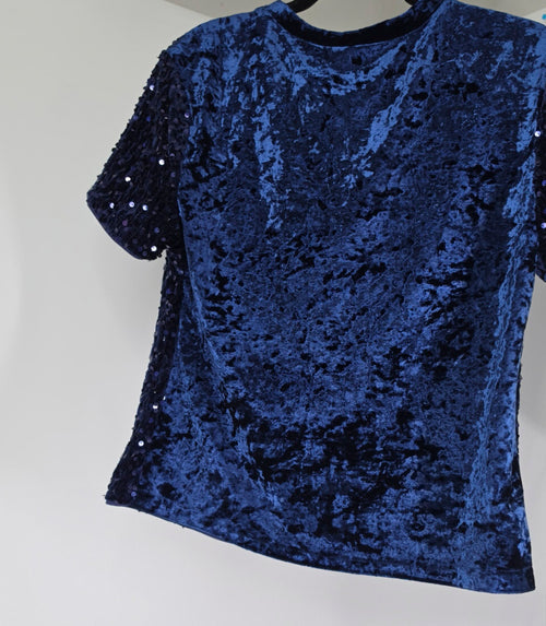 Allegra K Navy Blue Velvet Sequin Top