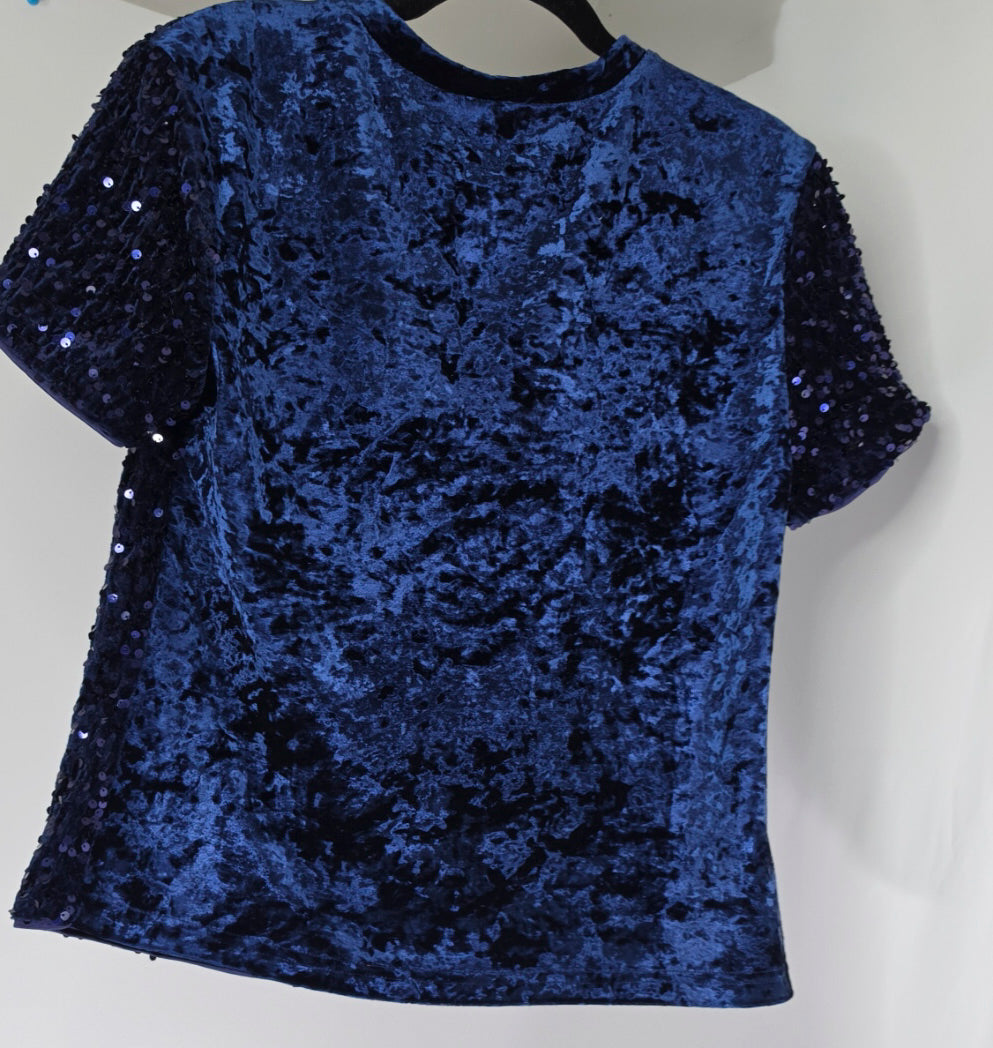 Allegra K Navy Blue Velvet Sequin Top