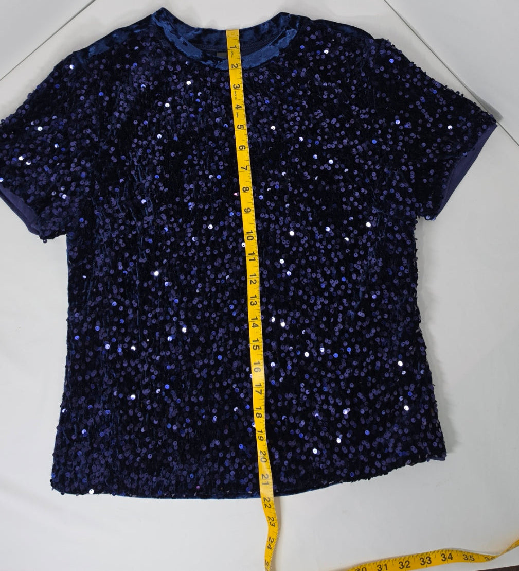 Allegra K Navy Blue Velvet Sequin Top