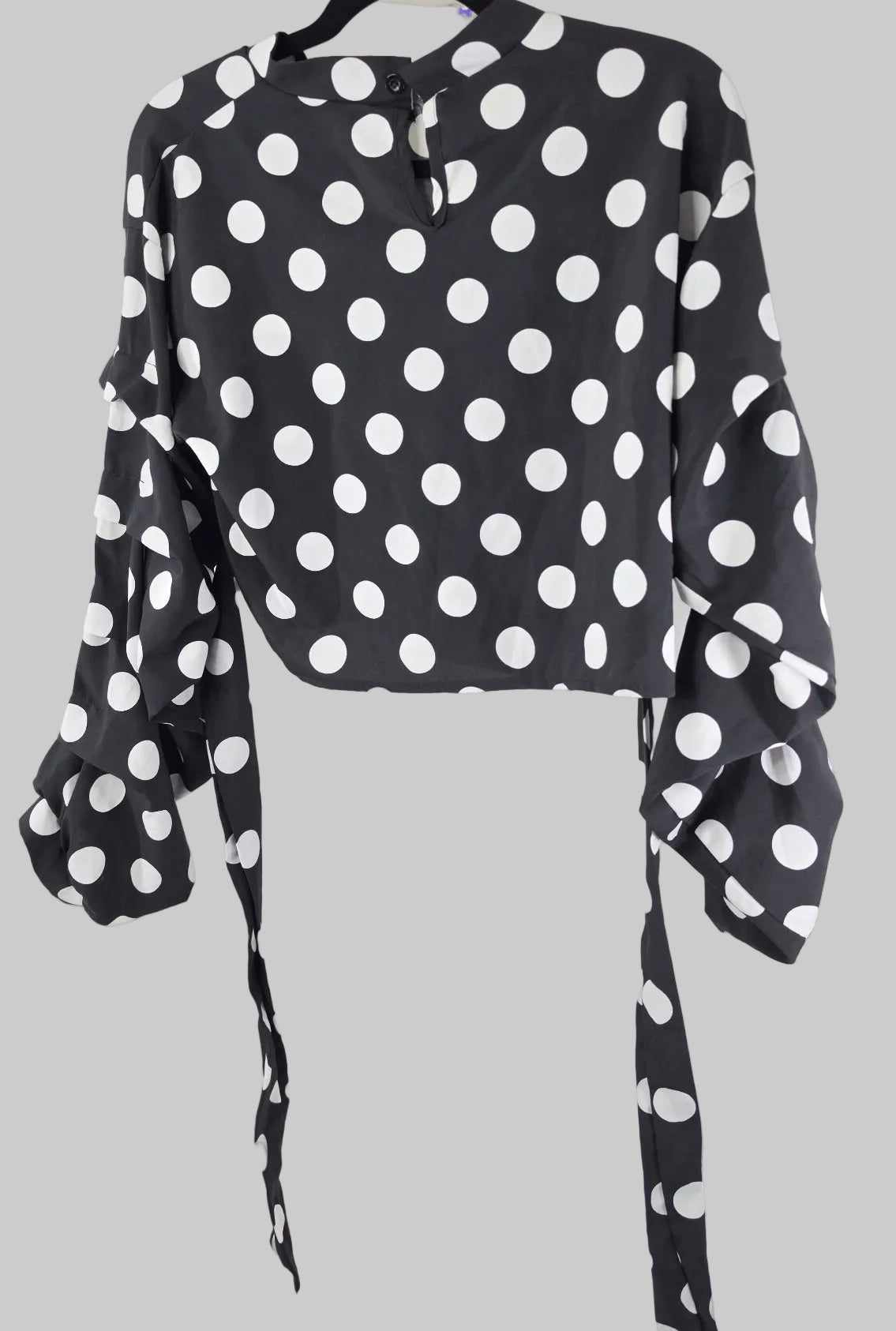 Black & White Polka Dot Ruffle-Sleeve Crop Top