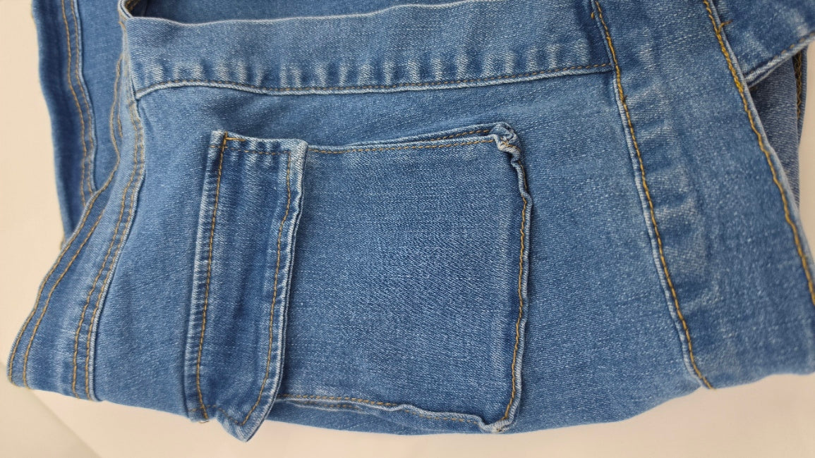 Women’s Denim Mini Skirt Size L Belted Stretch Blue Jean Utility Skirt