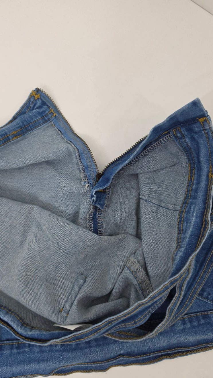 Women’s Denim Mini Skirt Size L Belted Stretch Blue Jean Utility Skirt