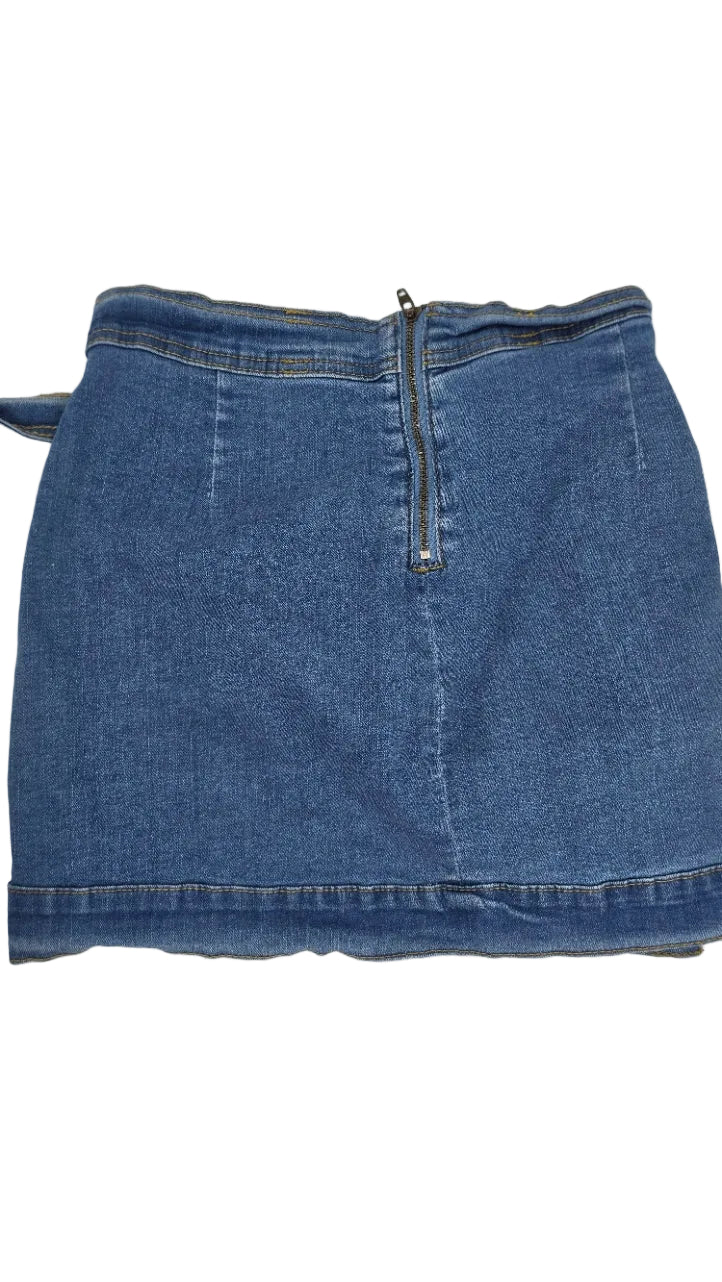 Women’s Denim Mini Skirt Size L Belted Stretch Blue Jean Utility Skirt