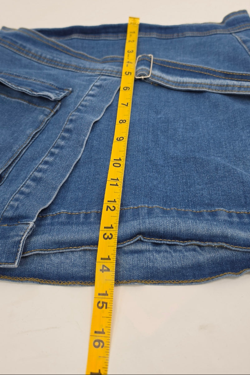 Women’s Denim Mini Skirt Size L Belted Stretch Blue Jean Utility Skirt
