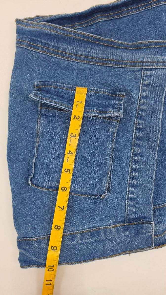 Women’s Denim Mini Skirt Size L Belted Stretch Blue Jean Utility Skirt