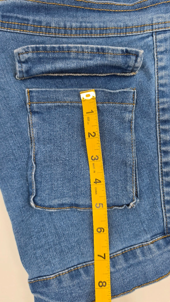 Women’s Denim Mini Skirt Size L Belted Stretch Blue Jean Utility Skirt