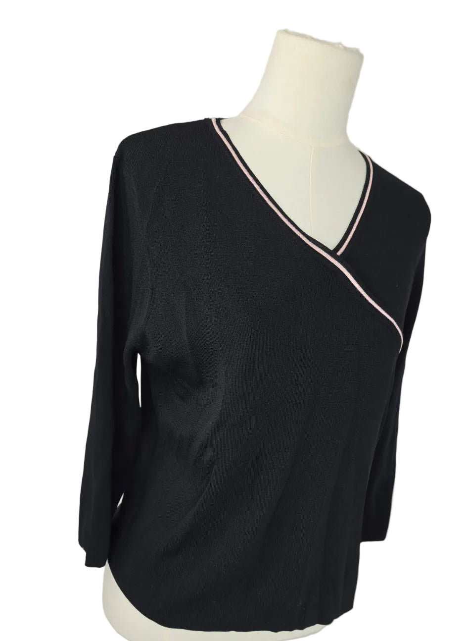 Black Pink Trim Faux Wrap Knit Top Women’s 3/4 Sleeve Rayon Nylon