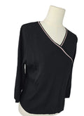 Black Pink Trim Faux Wrap Knit Top Women’s 3/4 Sleeve Rayon Nylon