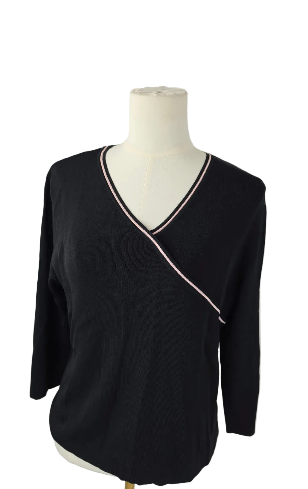 Black Pink Trim Faux Wrap Knit Top Women’s 3/4 Sleeve Rayon Nylon