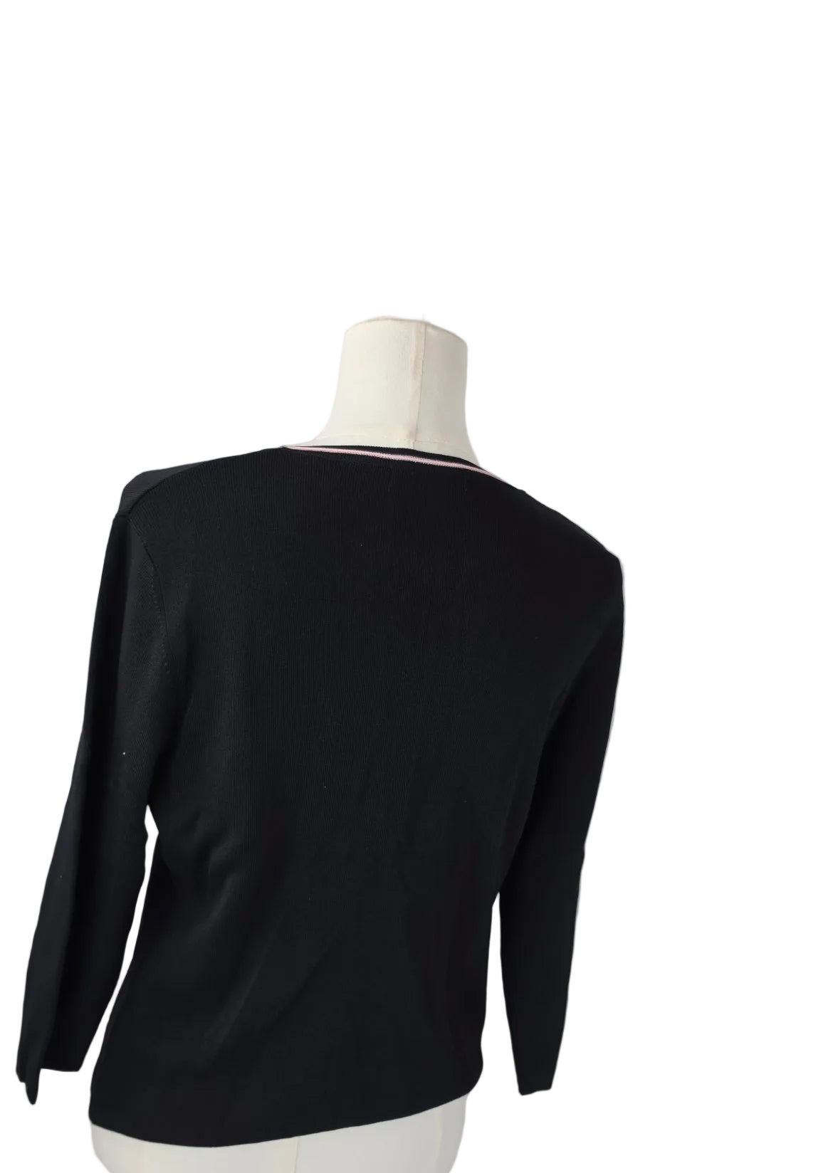 Black Pink Trim Faux Wrap Knit Top Women’s 3/4 Sleeve Rayon Nylon