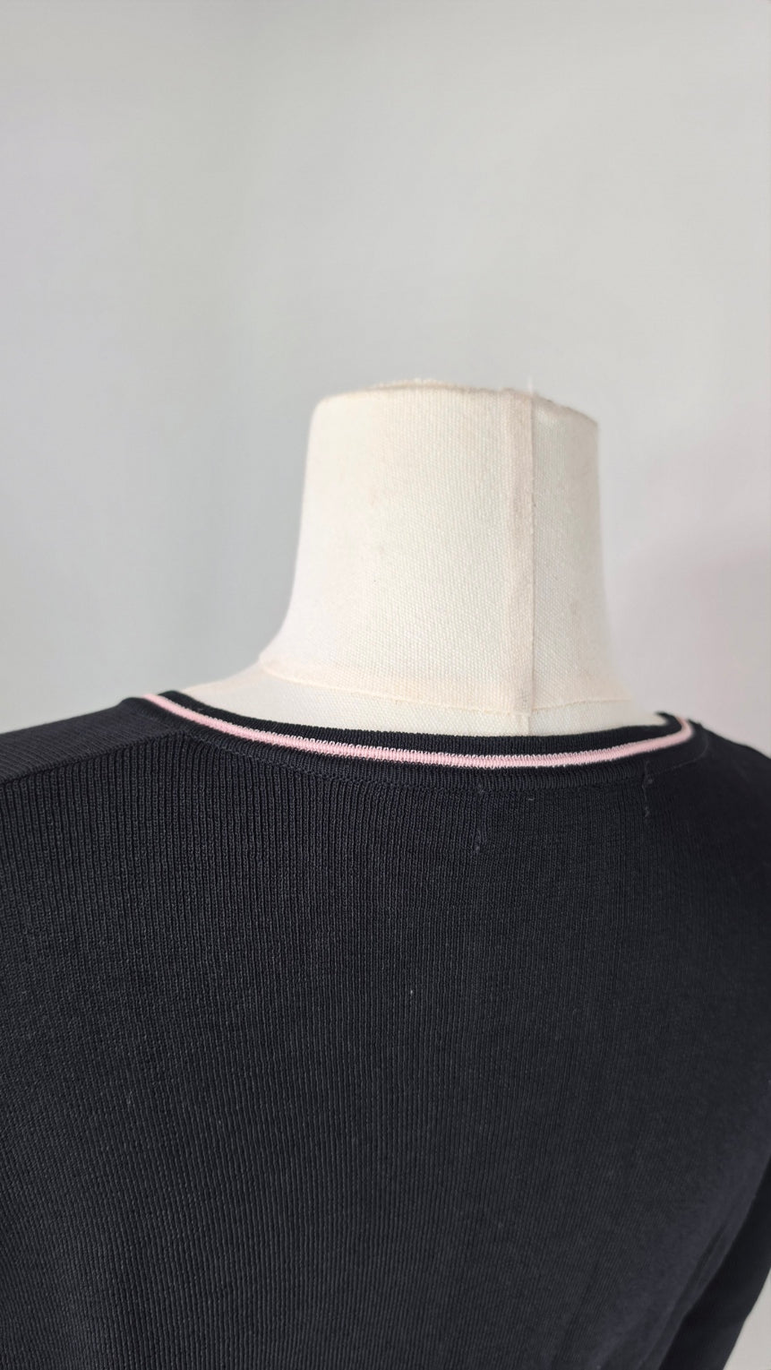 Black Pink Trim Faux Wrap Knit Top Women’s 3/4 Sleeve Rayon Nylon
