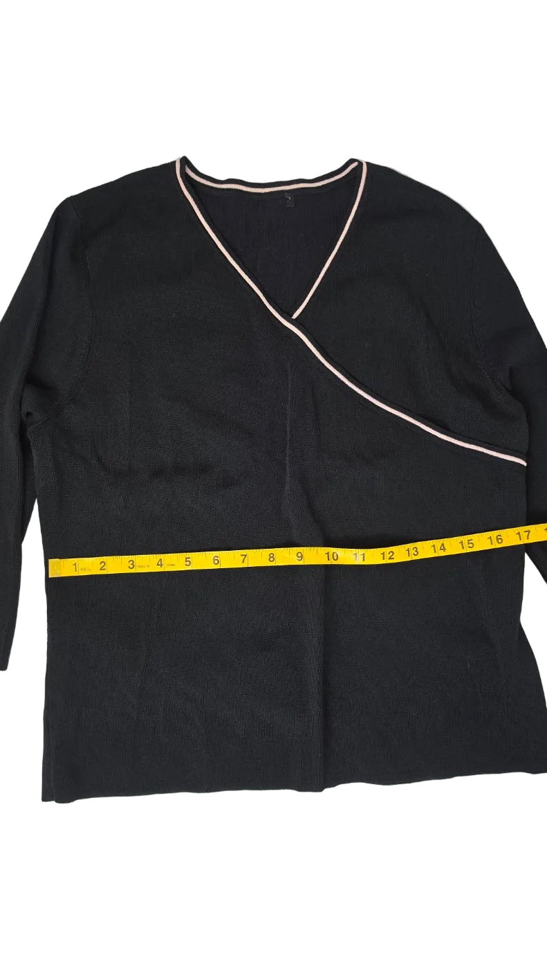 Black Pink Trim Faux Wrap Knit Top Women’s 3/4 Sleeve Rayon Nylon