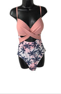 Pink Palm Tree One Piece Swimsuit XL Crisscross Front Tropical Print Adjustable Straps