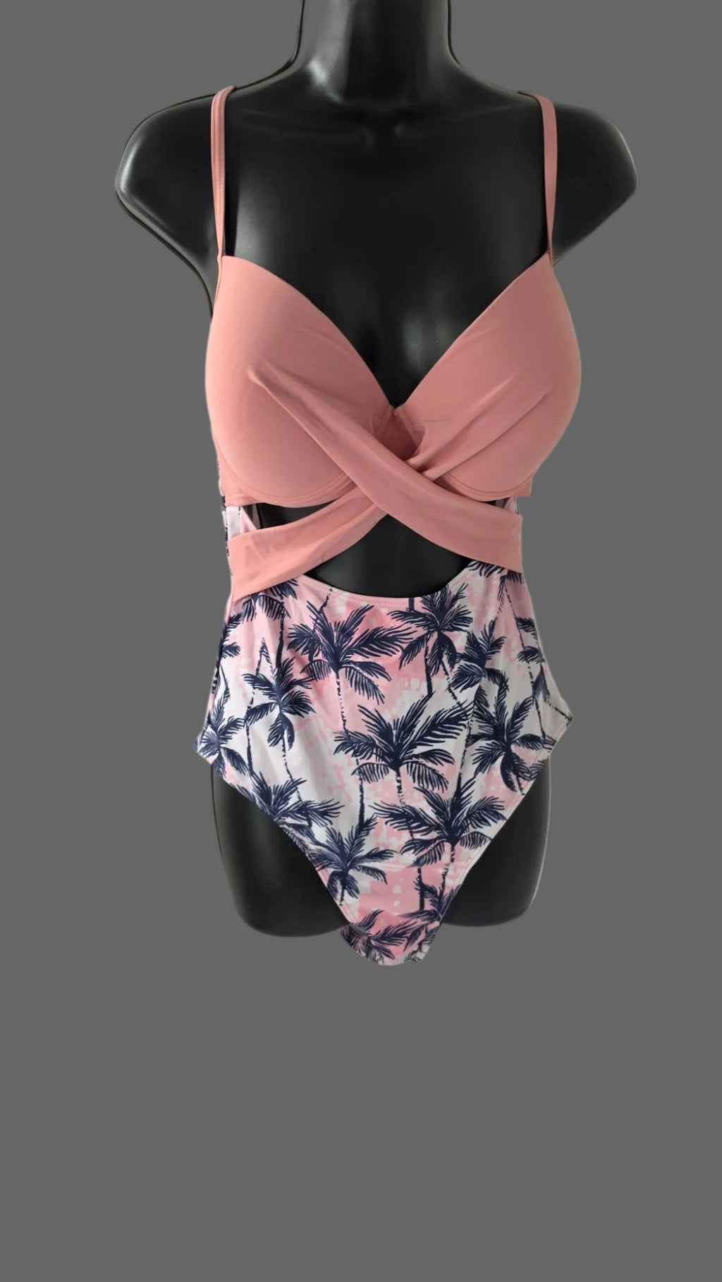 Pink Palm Tree One Piece Swimsuit XL Crisscross Front Tropical Print Adjustable Straps
