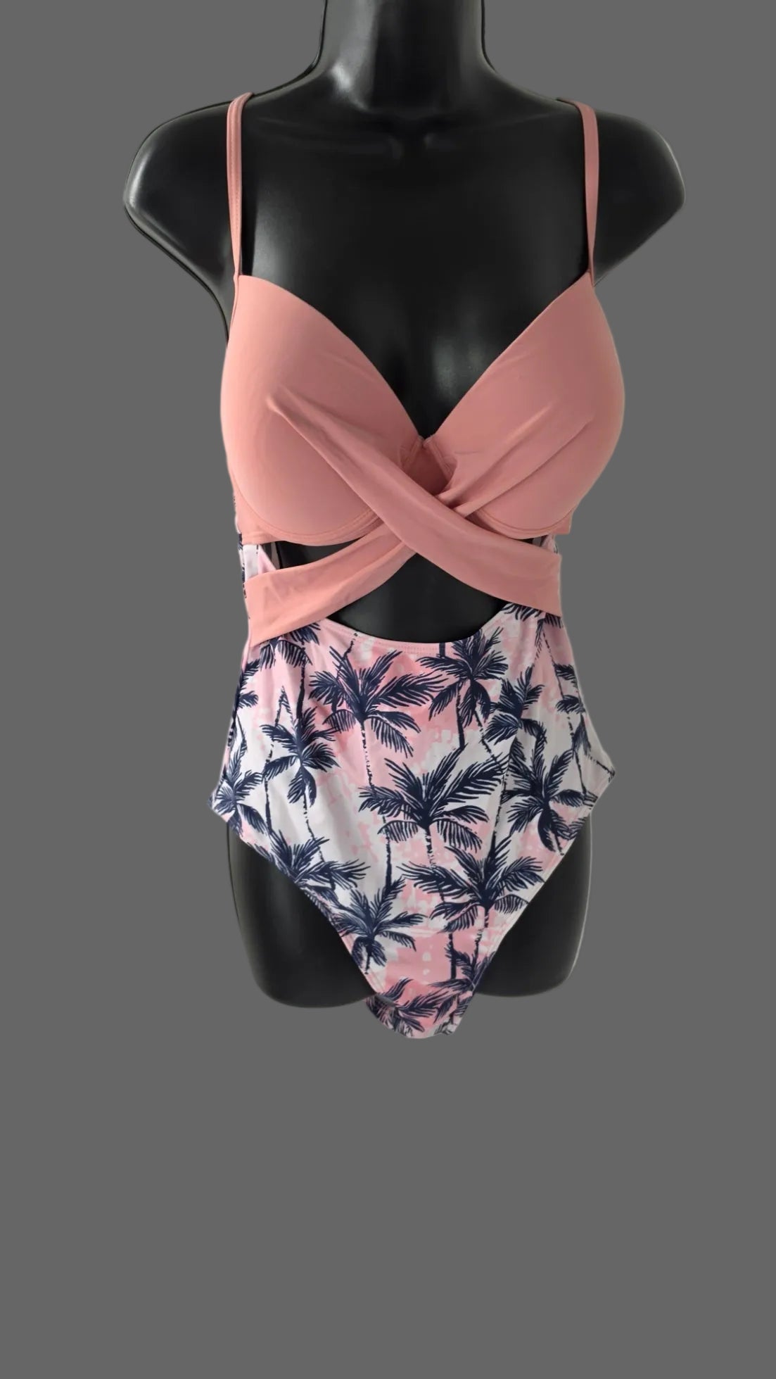 Pink Palm Tree One Piece Swimsuit XL Crisscross Front Tropical Print Adjustable Straps