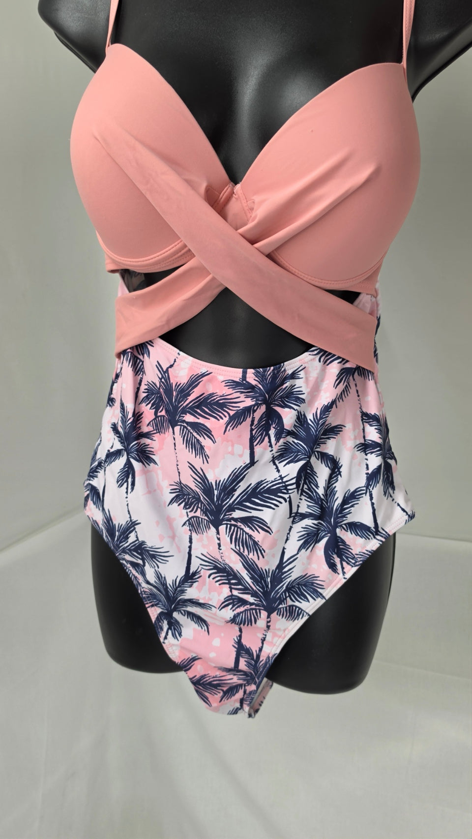 Pink Palm Tree One Piece Swimsuit XL Crisscross Front Tropical Print Adjustable Straps