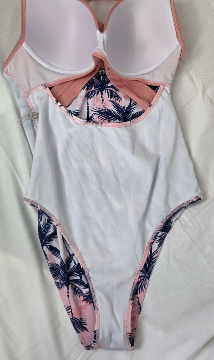 Pink Palm Tree One Piece Swimsuit XL Crisscross Front Tropical Print Adjustable Straps