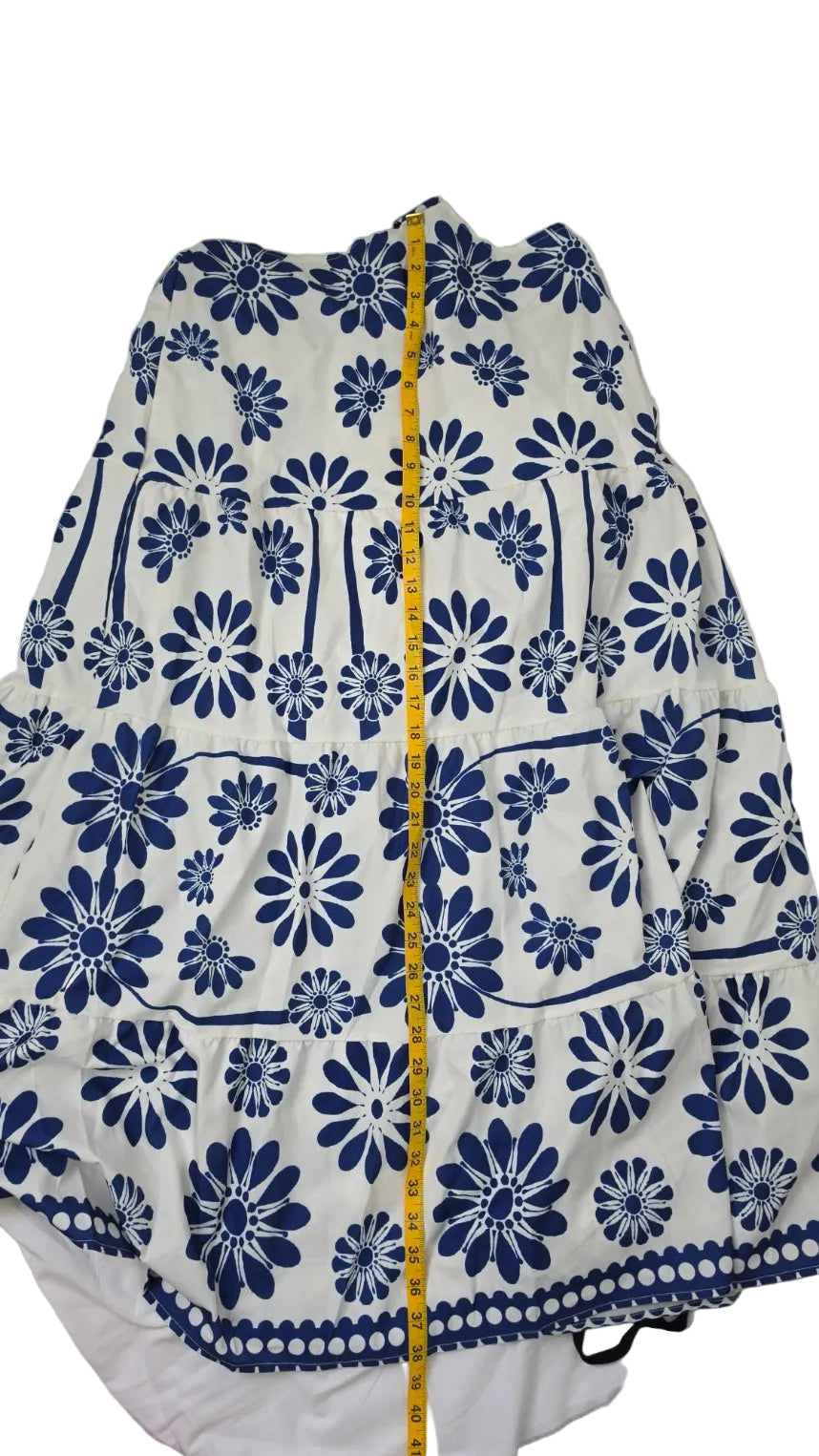 White Blue Floral Short Sleeve Dress M Puff Sleeve Smocked Back Lightweight See Through