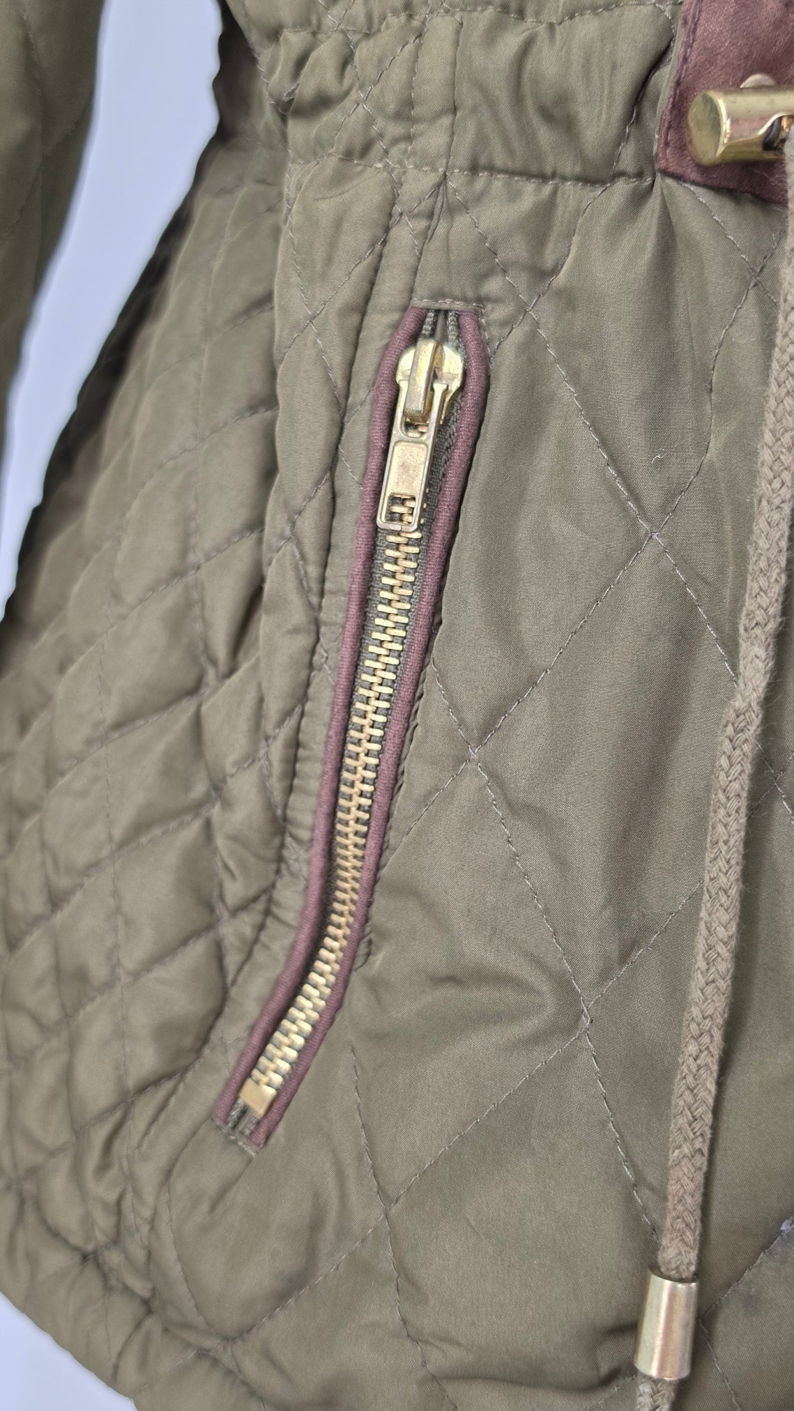 Love Tree Olive Green Quilted Jacket Medium Snap Button Zip Front Pockets Fleece Lined