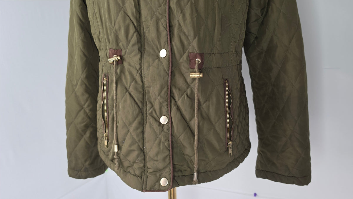 Love Tree Olive Green Quilted Jacket Medium Snap Button Zip Front Pockets Fleece Lined