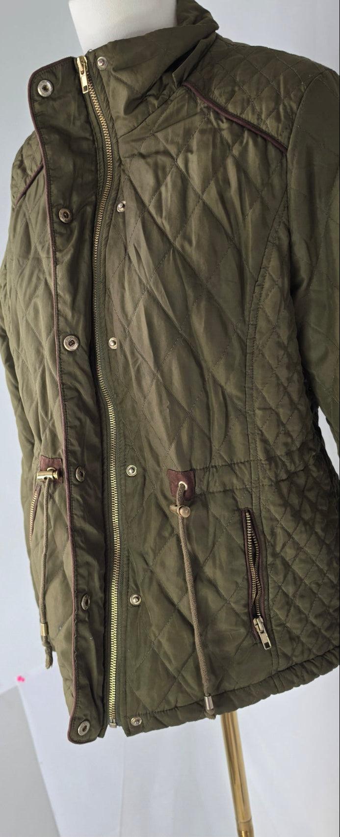 Love Tree Olive Green Quilted Jacket Medium Snap Button Zip Front Pockets Fleece Lined