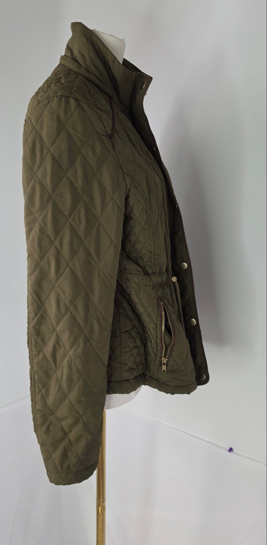 Love Tree Olive Green Quilted Jacket Medium Snap Button Zip Front Pockets Fleece Lined