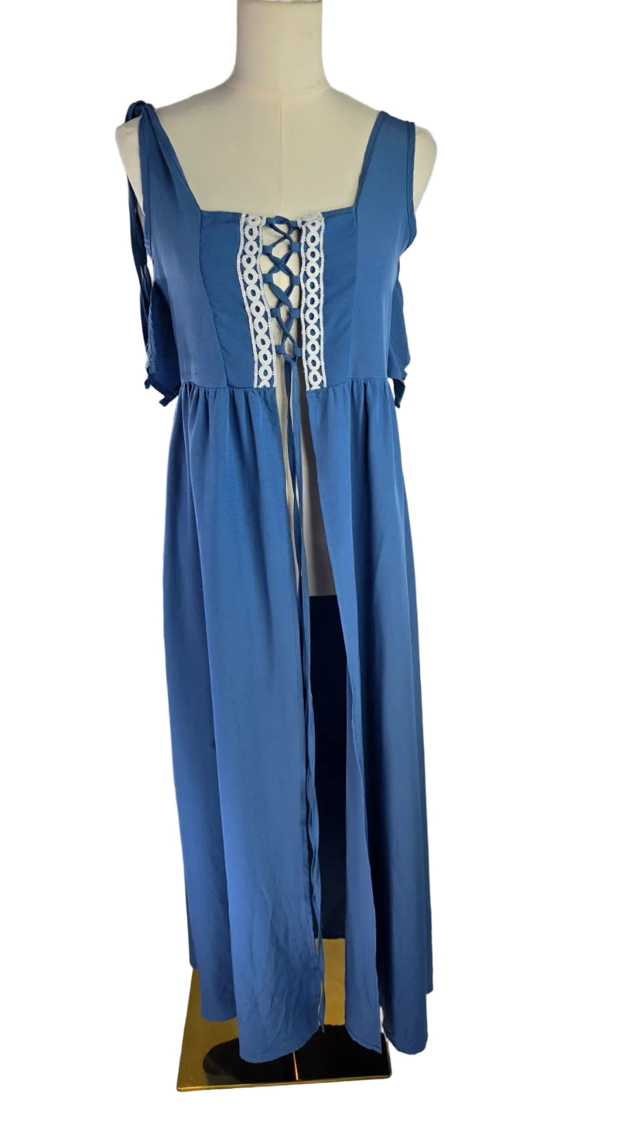 Blue Lace-Up Open Front Maxi Dress