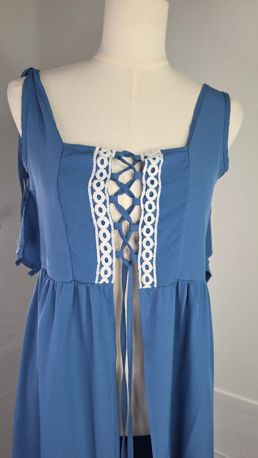 Blue Lace-Up Open Front Maxi Dress
