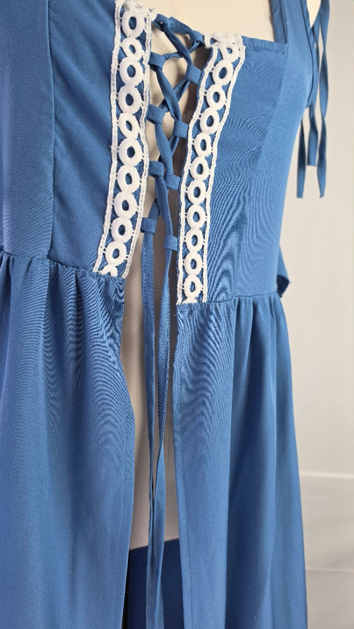 Blue Lace-Up Open Front Maxi Dress