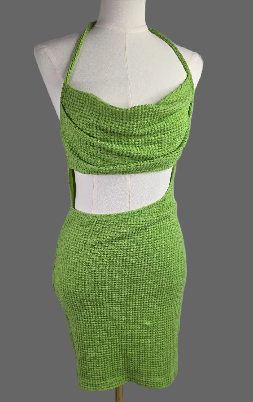 Lime Green Crochet Knit Cutout Halter Mini Dress