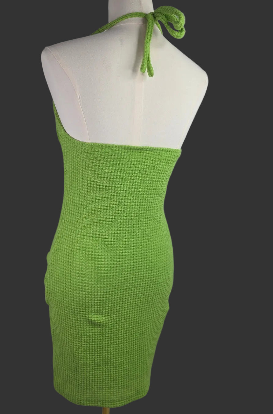 Lime Green Crochet Knit Cutout Halter Mini Dress