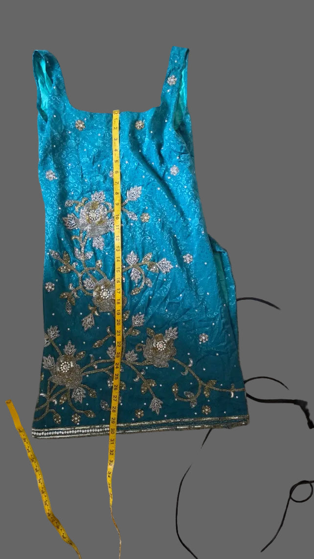 Teal Blue Beaded Floral Embroidered Sleeveless Midi Dress Side Slits