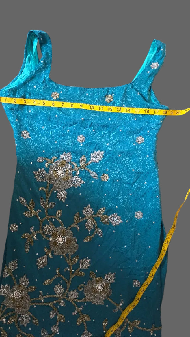 Teal Blue Beaded Floral Embroidered Sleeveless Midi Dress Side Slits