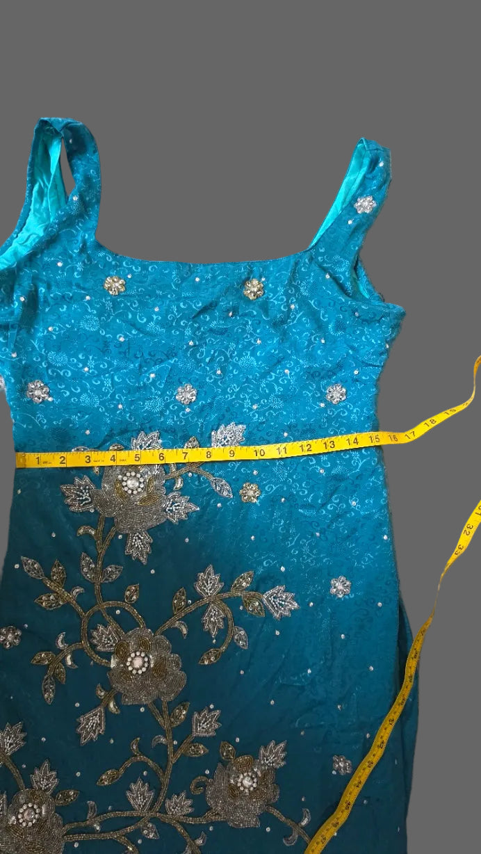 Teal Blue Beaded Floral Embroidered Sleeveless Midi Dress Side Slits