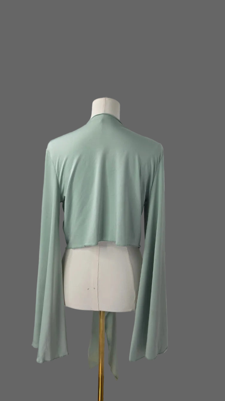Lyaner Women’s XL Sage Green Draped Tie-Front Shrug Cardigan Bell Sleeve