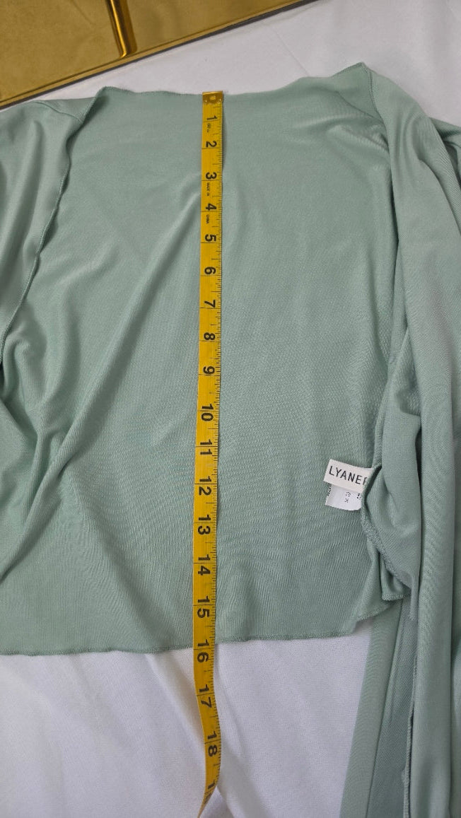Lyaner Women’s XL Sage Green Draped Tie-Front Shrug Cardigan Bell Sleeve