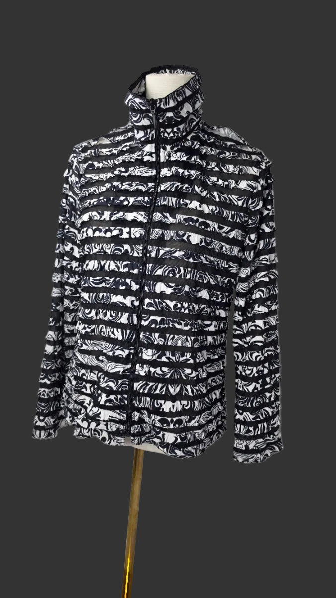 Draper’s & Damon’s Petite Medium Black White Ruffle Mesh Jacket Full Zip