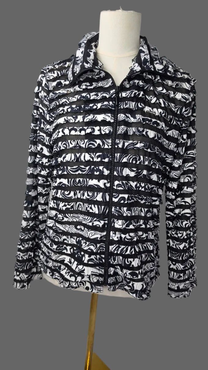 Draper’s & Damon’s Petite Medium Black White Ruffle Mesh Jacket Full Zip