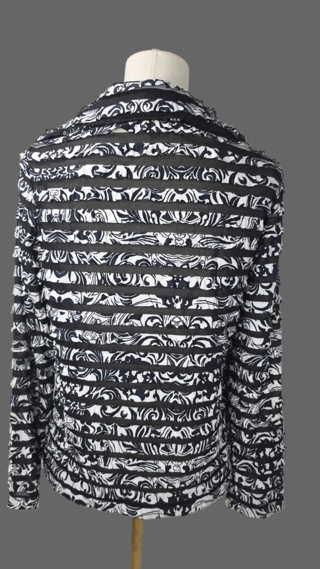 Draper’s & Damon’s Petite Medium Black White Ruffle Mesh Jacket Full Zip
