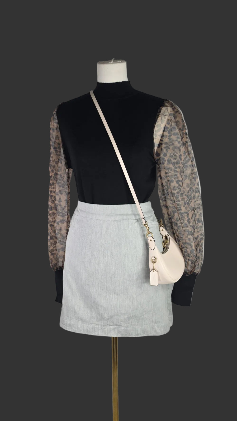 Black Leopard Sheer Sleeve Mock Neck Sweater Top – Size M NWT  Description: