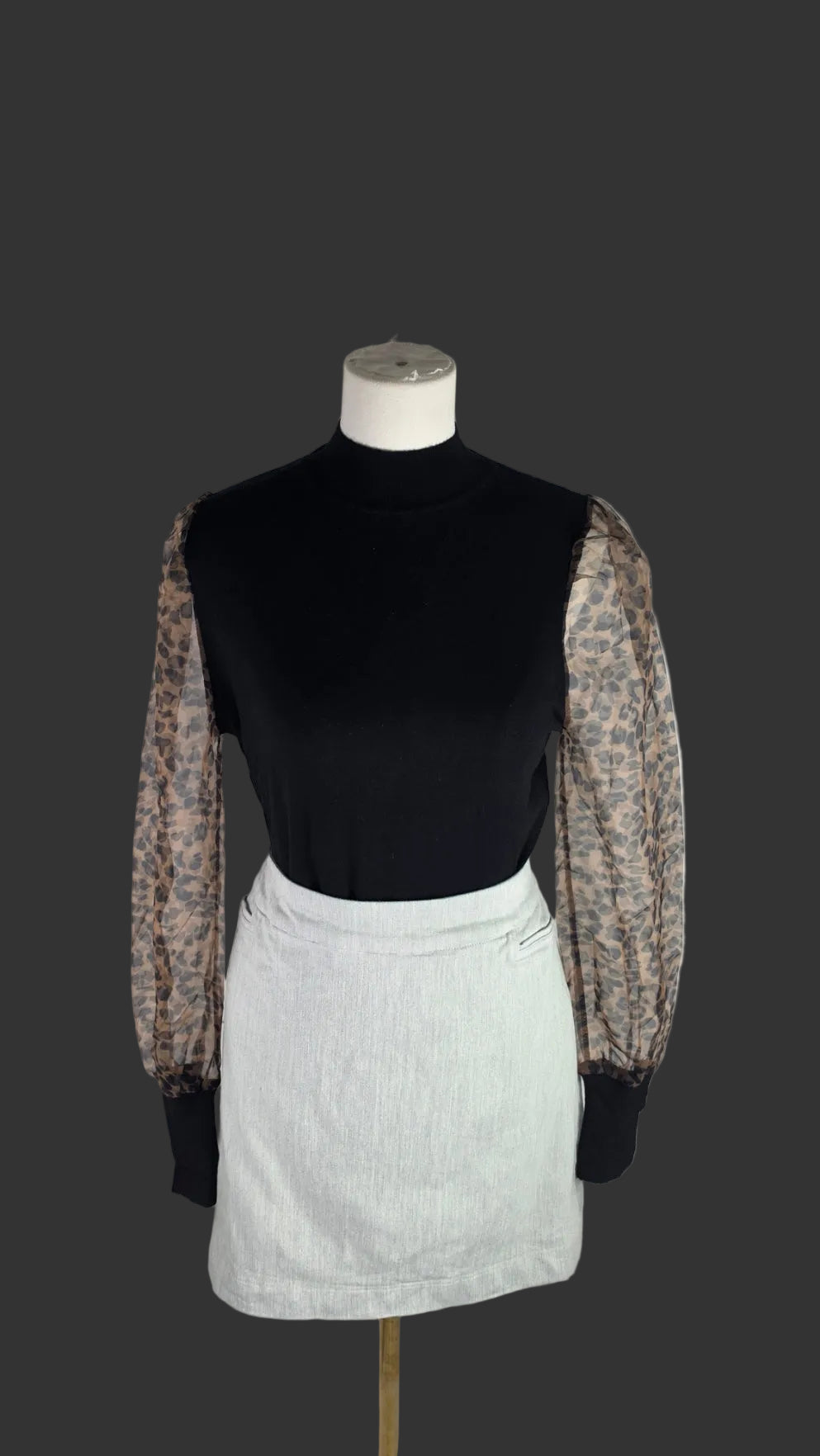 Black Leopard Sheer Sleeve Mock Neck Sweater Top – Size M NWT  Description: